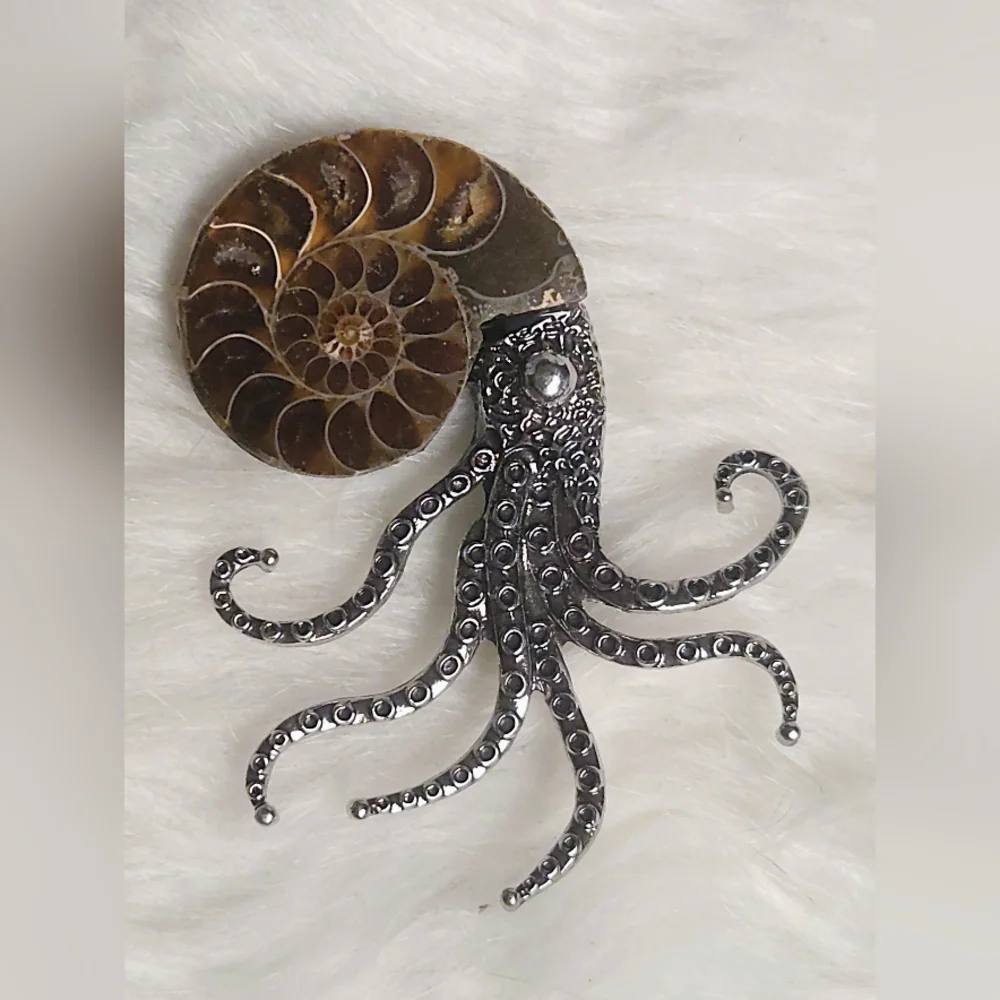 Ammonite Fossil Shell Octopus Brooch | Nautical Statement Pin | Ocean Gothic Jew - Picture 4 of 9